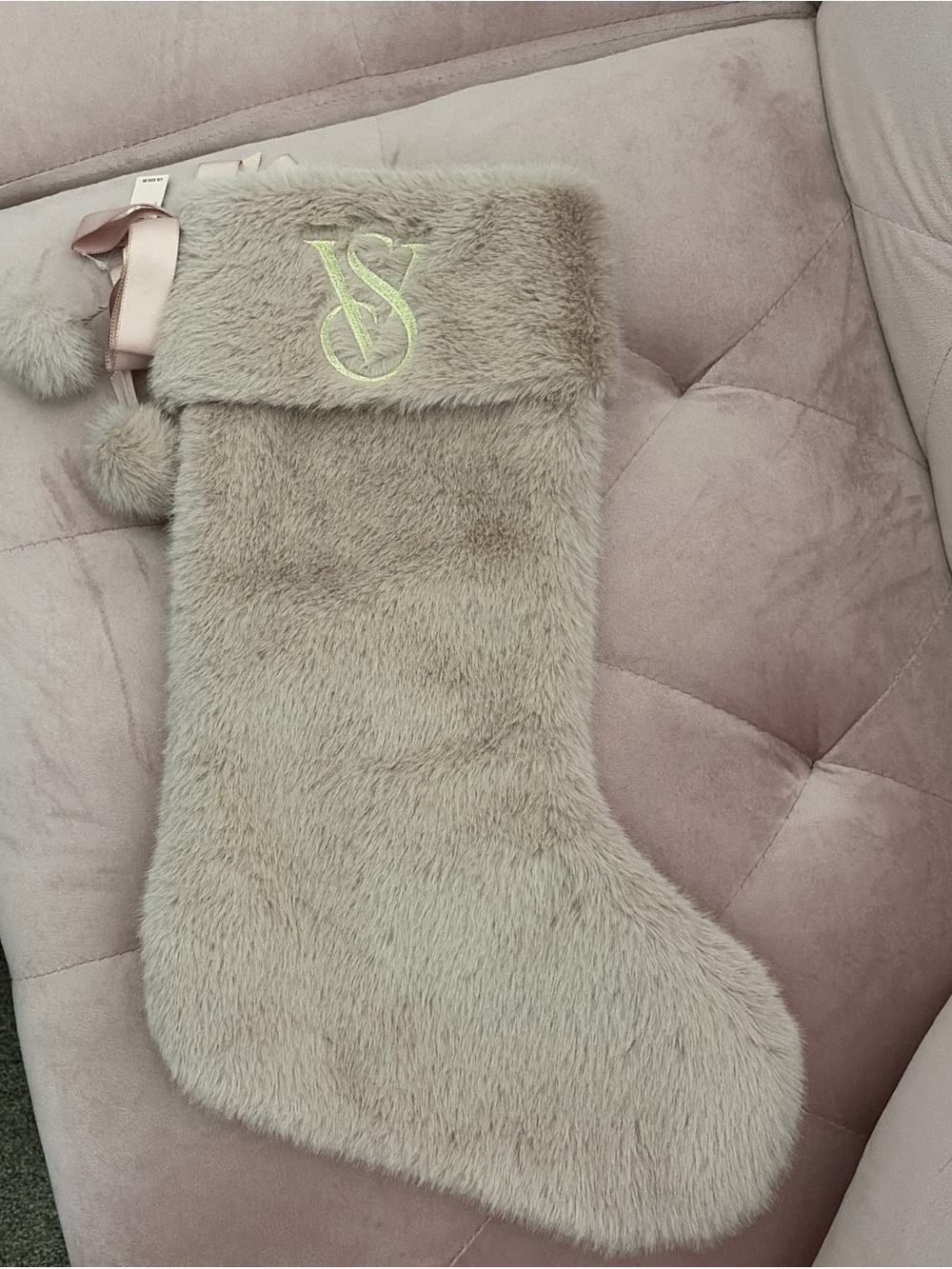 Victoria's Secret Beige Faux Fur Holiday Stocking with Embroidered VS